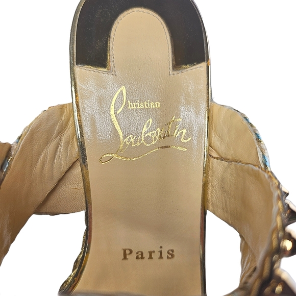 CHRISTIAN LOUBOUTIN Braided Gold-Studded Leather Wedge Sandals - Picture 12 of 13